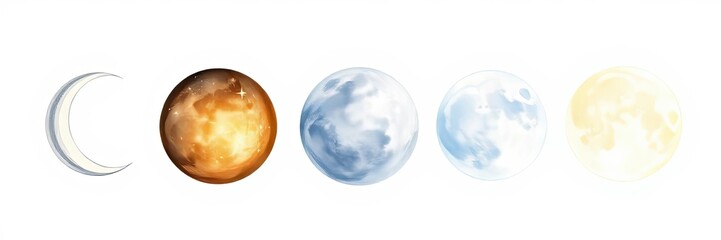Celestial Phases Crescent Full and Gibbous Moon Cycle Illustrations