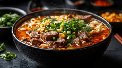 A hearty bowl of beef and noodles with fresh vegetables creating a satisfying and flavorful meal experience