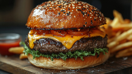 A juicy hamburger deliciously assembled with fresh ingredients ready to satisfy any burger lover's cravings