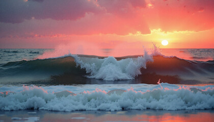 Waves crashing at sunset over the ocean