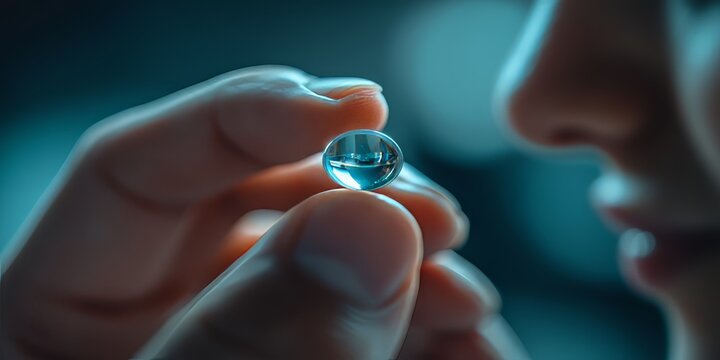 Doctor showing intraocular lens implant to patient before surgery