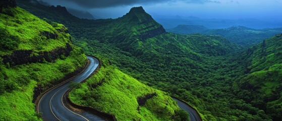 Fototapeta premium Scenic winding road through lush green mountains and dense forest under a dramatic sky Concept of travel, adventure, and natural beauty
