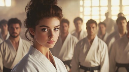 Obraz premium Confident Karate Woman, Masterful Pose in Dojo