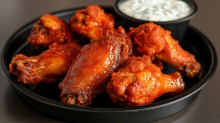 Fototapeta premium A sizzling plate of spicy buffalo chicken wings with blue cheese dip