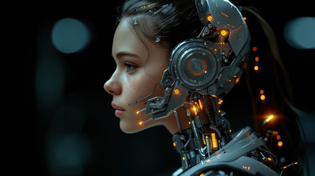Futuristic female cyborg with advanced robotics and glowing elements