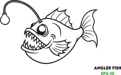 Terrifying silhouette of  Angler Fish coloring pages design Vector Illustration Digital Artwork for Halloween and Horror Themes isolated on white background