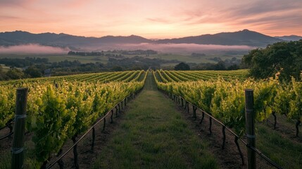 Fototapeta premium rolling vineyards in the countryside during sunrise, encapsulating rows of dew-kissed, fresh green vines under a pink sky