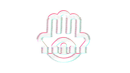 Icon hamsa is distorted. Glitch. Noise, chromatic aberration, geometric distortion
