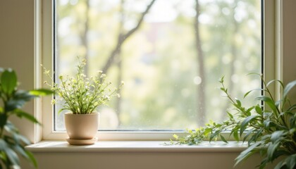 Fototapeta premium A soothing and organic aesthetic is created with natural lighting filtering through a window, casting soft shadows and illuminating delicate plants