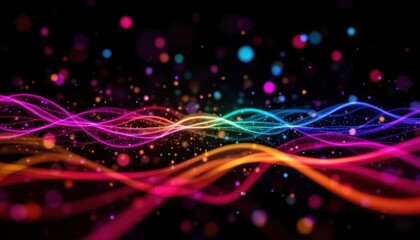 The abstract background features vibrant, colorful lines in motion, creating a mesmerizing display against a black bokeh of defocused curves
