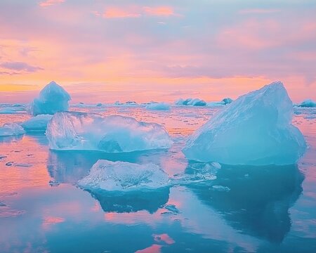 arctic icebergs floating in the sea, with a backdropped evening sky filled with hues of pink and orange
