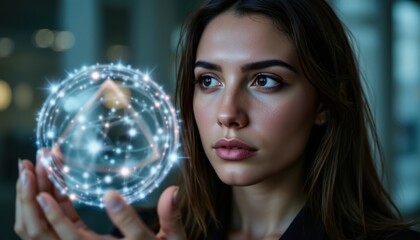 Naklejka premium A businesswoman gazes confidently at a digital triangle exploding sphere hologram, symbolizing her innovative approach to navigating the complexities of modern business