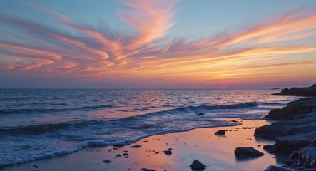 A Serene Sunset Displaying Beautiful Colors Over the Blue Waters and Rocky Shoreline