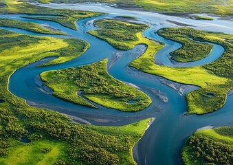river delta with winding channels, showcasing verdant islands surrounded by meandering water pathways