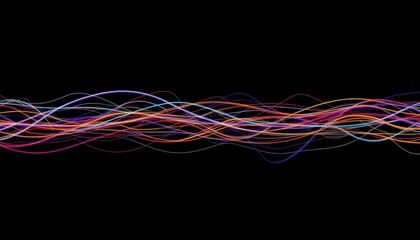 A striking composition of vibrant abstract lines in various colors set against a stark black background, creating a dynamic and eye catching visual contrast.