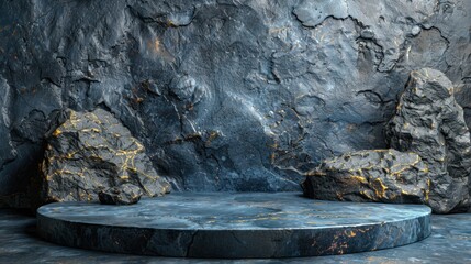 Dark stone platform with volcanic rock background in natural setting