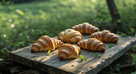 Delicious baked pastries on wooden board in nature