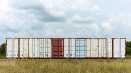 Obraz premium Industrial Shipping Containers Aligned in a Field under Soft Clouds