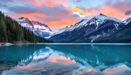 Breathtaking sunrise over serene mountain lake with snow-capped peaks and reflections