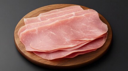 A plate of deli-style sliced ham arranged neatly on a wooden cutting board,