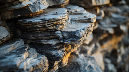 A close-up of thick stone layers stacked in natural formations