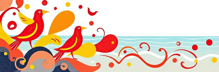 Colorful Birds on Waves Abstract Beach Art Summer Design
