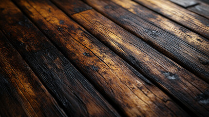 Obraz premium Close-up of a rustic wooden floor showcasing the beautiful grain patterns and natural texture in a cozy indoor setting