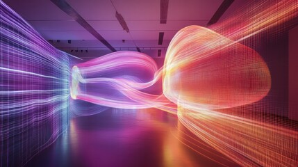 Light streams, digital grids in gallery, blurred motion, modern art display