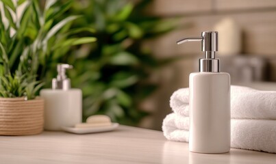 Bathroom Soap Dispenser with Fresh Towels and Green Plant Decor