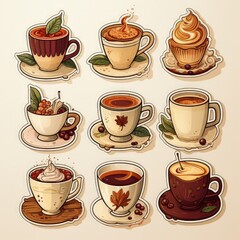 Obraz premium Flat Vector Illustration of Coffee Sticker Sheet