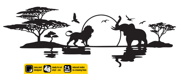 African Wildlife Silhouette Savannah Sunset with Lion Elephant Trees © readytocutvector