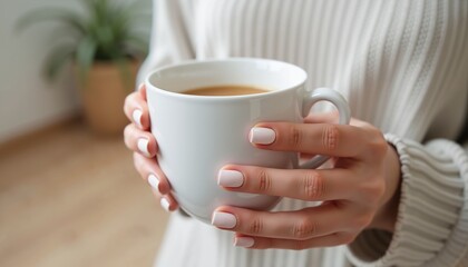 Cozy morning woman holding coffee cup in relaxed home setting, lifestyle warmth concept