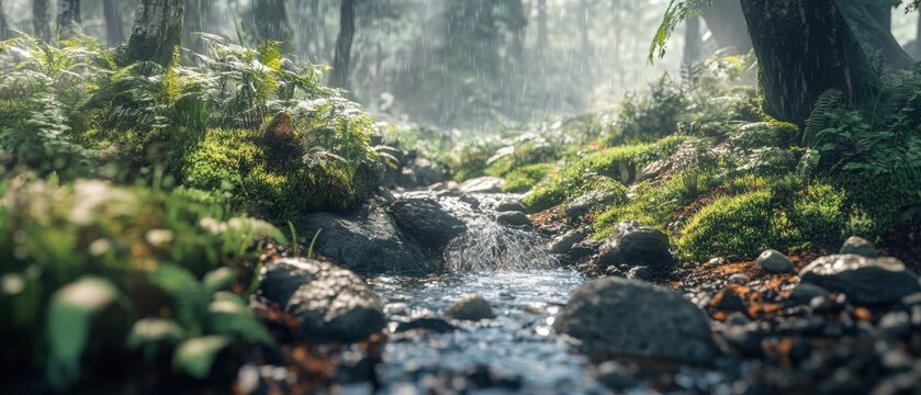 Serene forest stream flowing over rocks with lush green moss and ferns during a gentle rain shower, creating a peaceful and refreshing nature scene