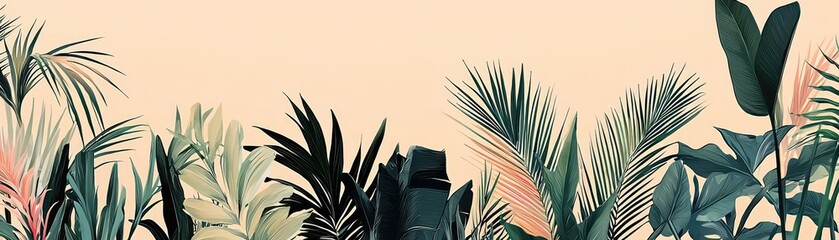 Lush tropical foliage banner, peach background, website header