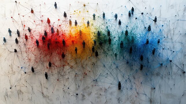 Diverse human network concept with colorful connections and silhouettes