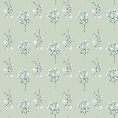 Eucalyptus branches in soft tones watercolor seamless pattern isolated. Neutral foliage in Scandinavian minimalist style hand drawn. Design for textiles, wedding decor, wallpaper, and nature prints.