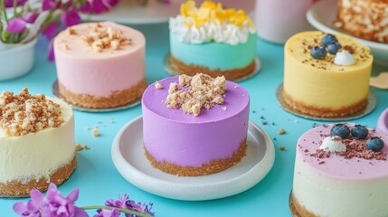 Colorful Cheesecake Spread with Coffee and Flowers