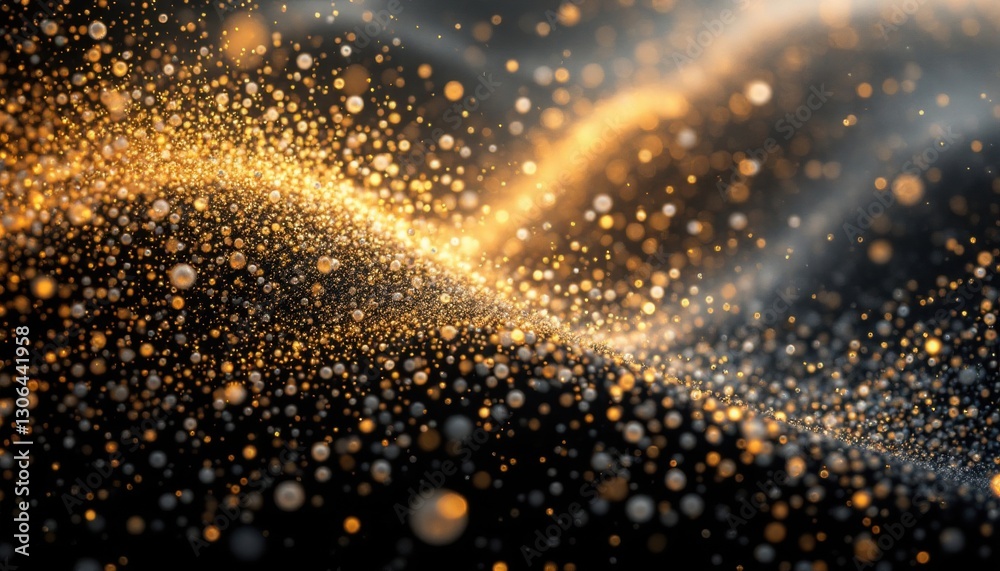 Poster golden light particles floating on dark background creating abstract wave pattern