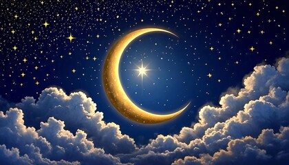 Obraz premium Glowing Crescent Amidst Ethereal Night Sky with Twinkling Stars