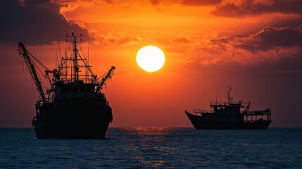 Fishing boats at sunset, ocean, silhouette, fiery sky, calm waters, nautical, stock photo