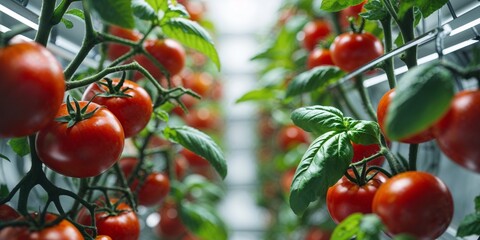 Obraz premium Ripe Red Tomatoes and Basil in a Vertical Farming System