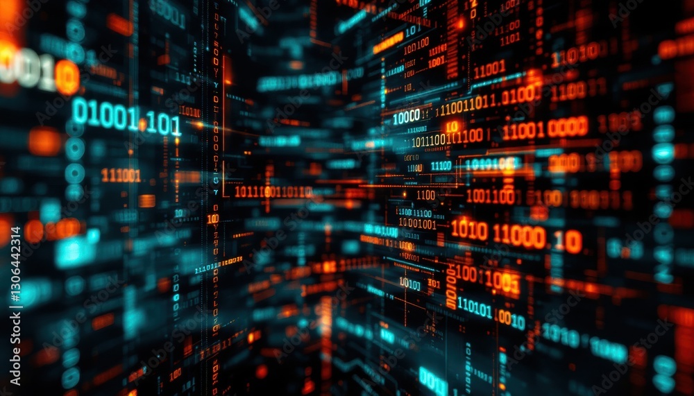 Fototapete Futuristic digital data stream with binary code in blue and red hues