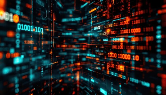 Futuristic digital data stream with binary code in blue and red hues
