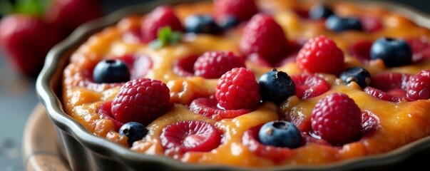 Close-up of individual clafouti, rich texture, juicy berries , rustic, detail