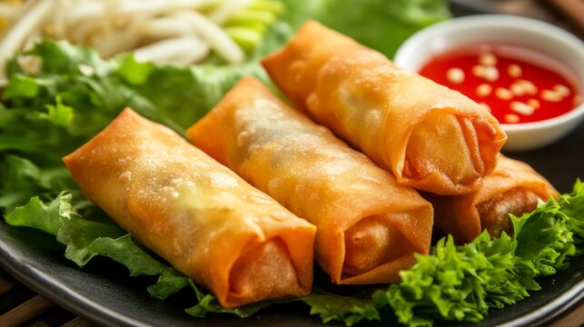 Savory deep fried spring rolls popiah lay atop a bed of fresh, vibrant greens, accompanied by a tangy dipping sauce and crunchy vegetables bursting with flavor