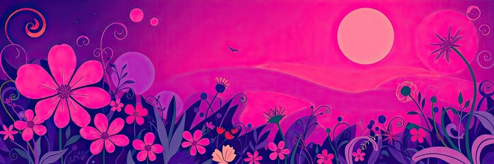Vibrant Pink Floral Sunset Landscape Fantasy Art Nature