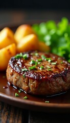 Close-up, succulent ribeye, golden-brown potatoes, fresh greens , succulent, food