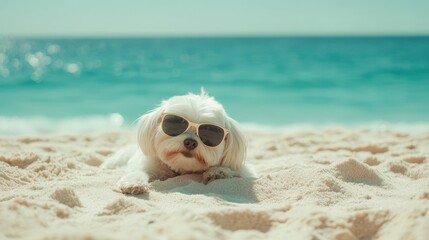 Obraz premium Couple Puppy dog and orange cat wearing sunglasses sitting on beach and eating watermelon on beach chair and beach umbrella by the sea in resting summer vacation,orange cat,pet friendly concept.