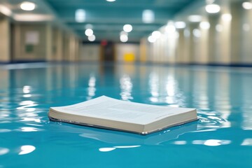An open book floats on the surface of a tranquil indoor pool, blurred lights creating a serene backdrop.