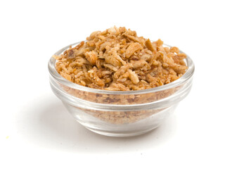 bowl with fried onions on white background